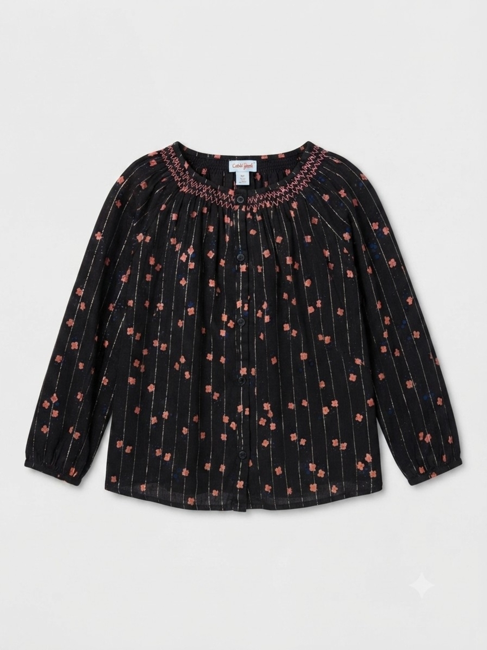 Cat & Jack Black Metallic Floral Smocked Long Sleeve Button Top 10/12